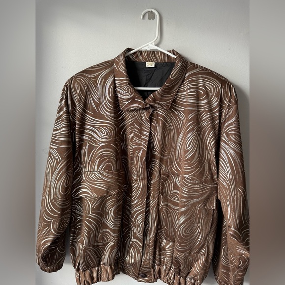 VTG Bomber Jacket Zip Up Brown Silver Swirl Pattern Hippie Boho Jacket Size M OS - Picture 4 of 11